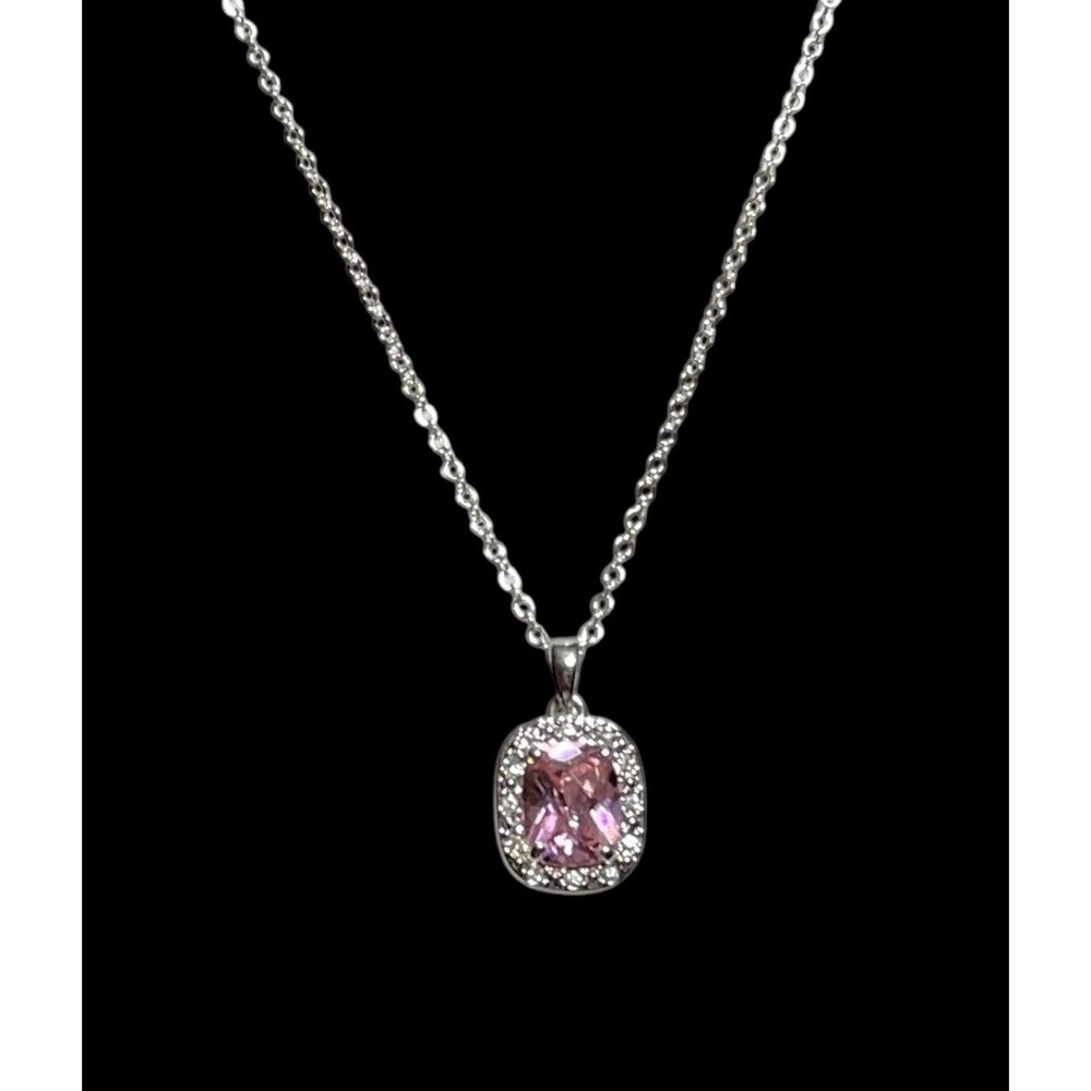 Silver Tone Pink Stone Halo Necklace Rectangular Pendant Sparkling Feminine 20"